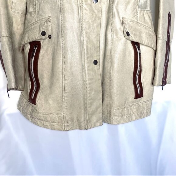 DANIER LEATHER CREAM BROWN HOODED WOMAN JACKET ELASTIC WAISTBAND SIZE ME… - Picture 9 of 15